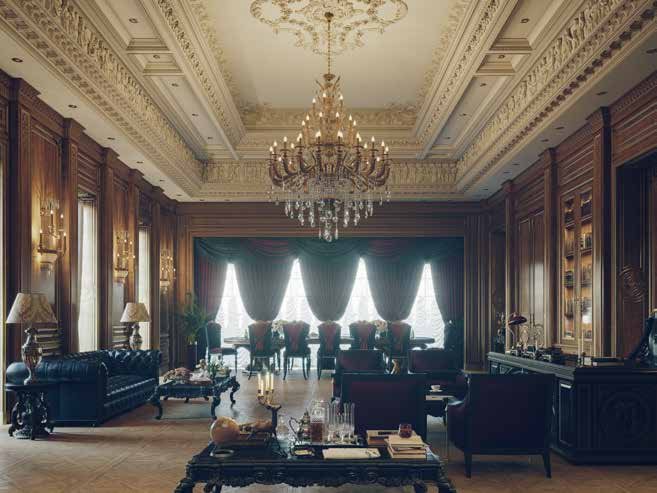 Classical majlis with dark timber panelling and chandelier
